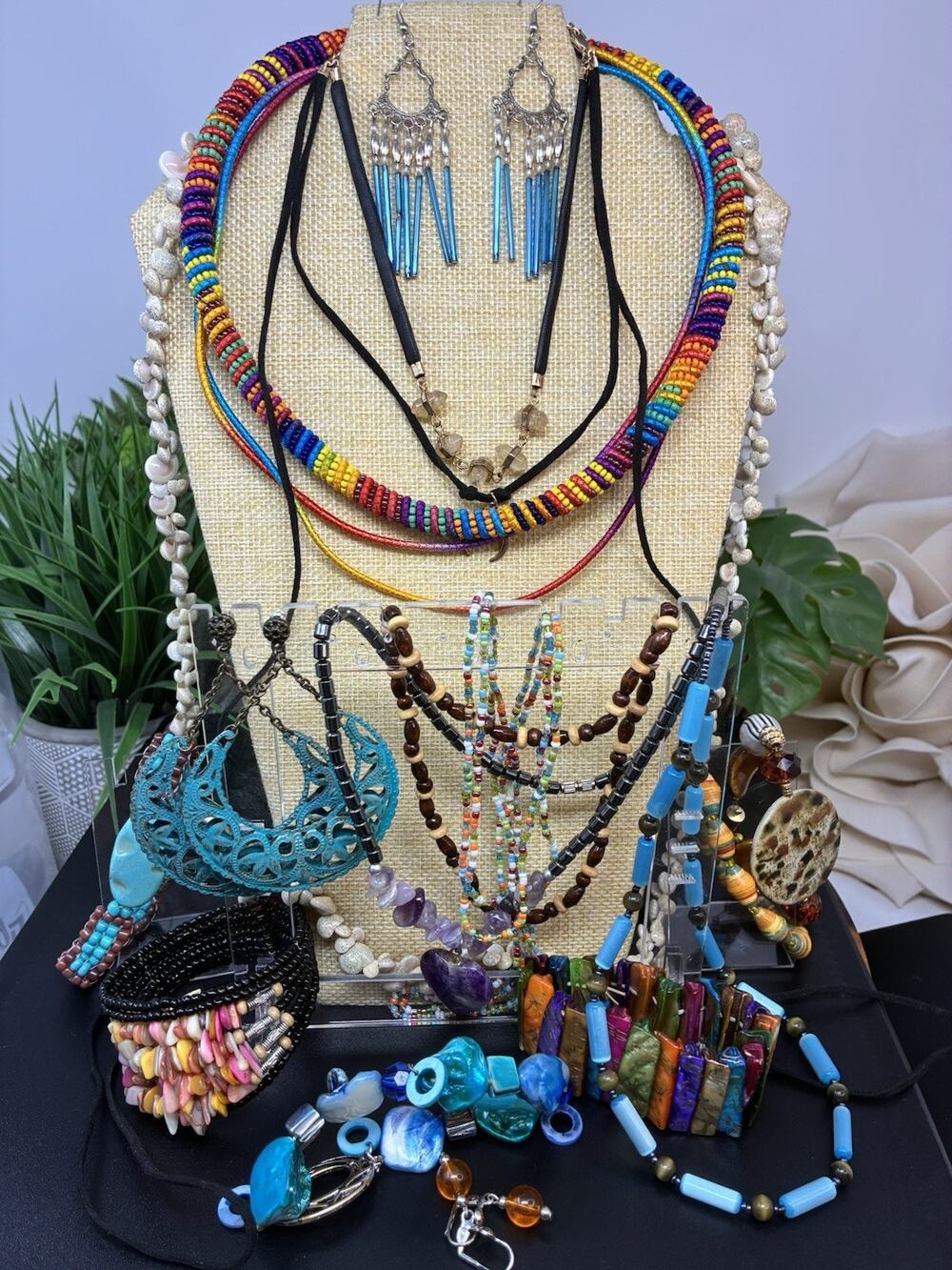 Boho Jewelry Lot Mixed Beaded Necklaces Bracelets Earrings Turquoise Shell